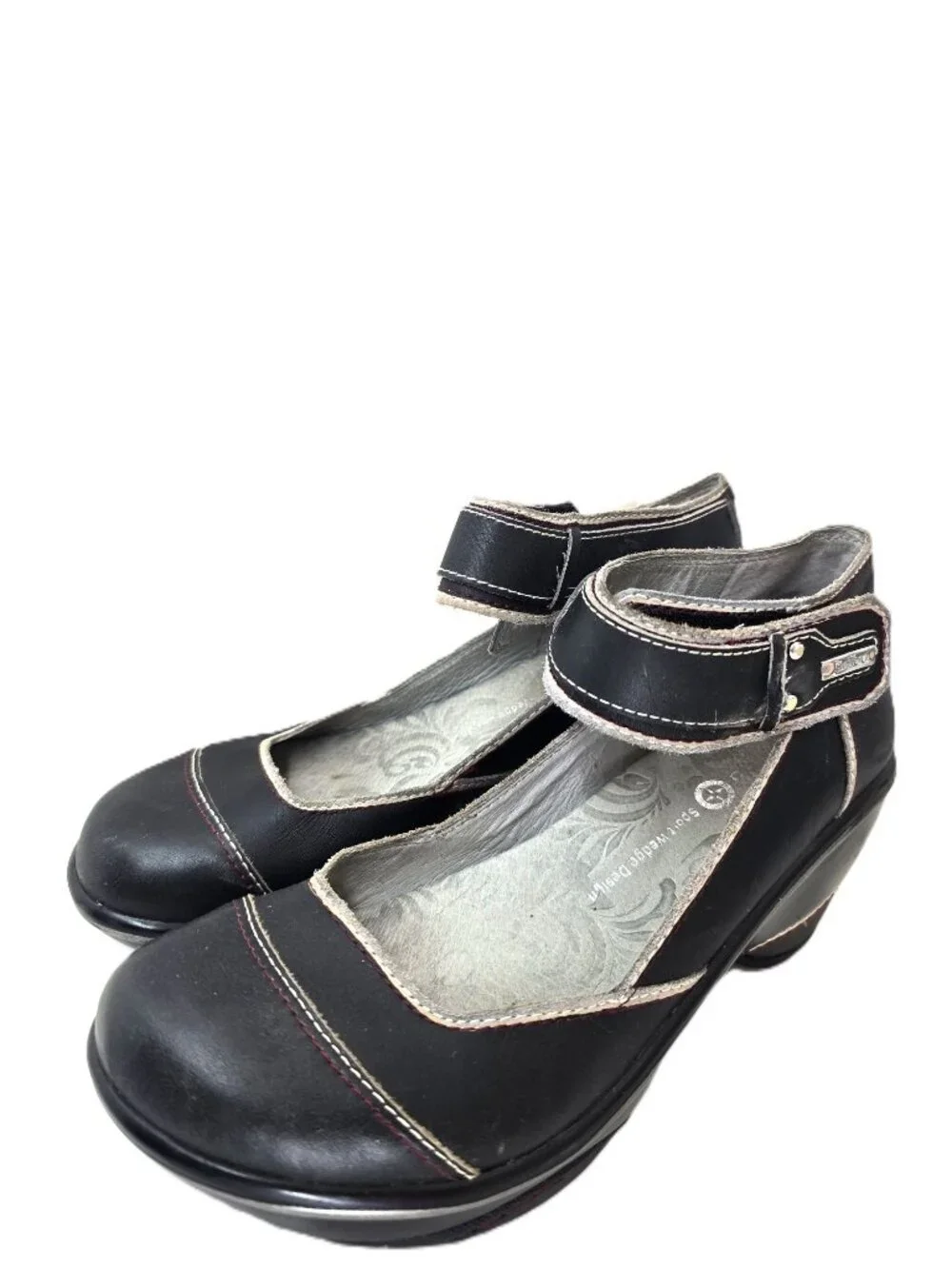 Jambu Black Leather Mary Jane GIrly Ankle Strap Comfy Wedge Shoes Women Size 8